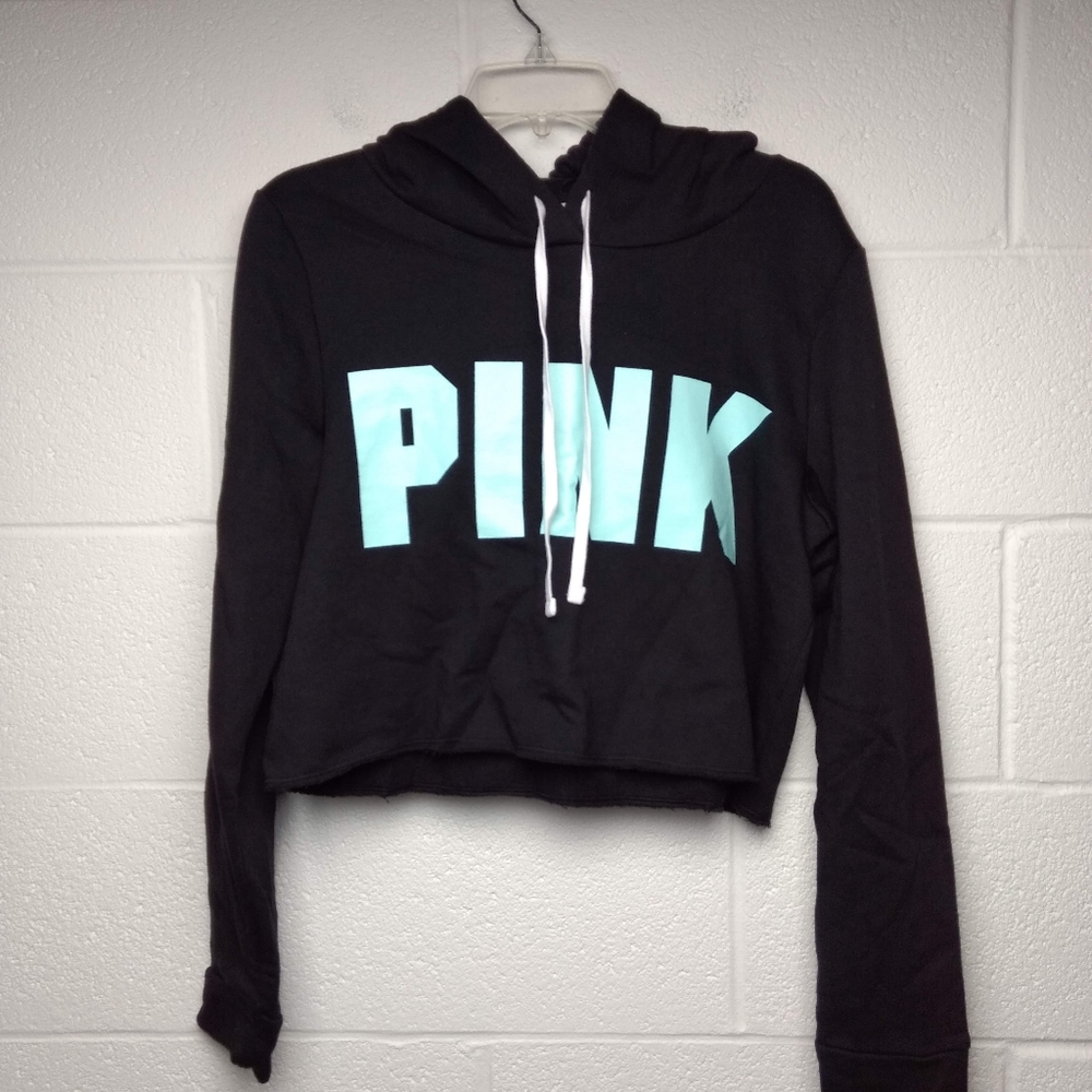 PINK Fleece Crop Hoodie Black Medium